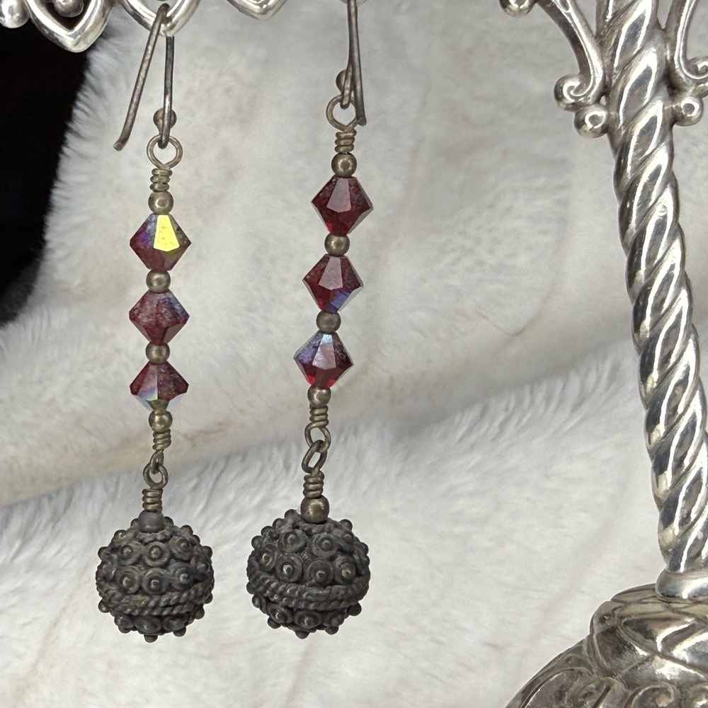 Antique Style Rubbed Bronze Dangle Drop Red Bead Chandelier Earrings Boho Gypsy